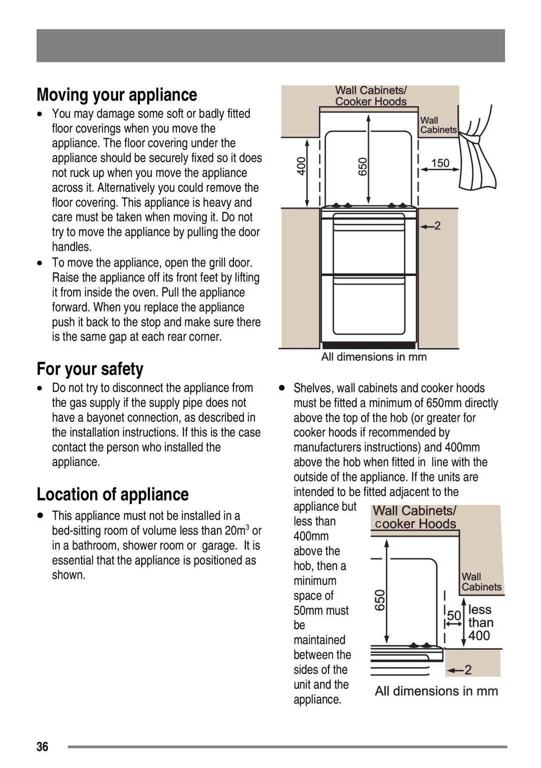 Zanussi ZKG5540 user manual Moving your appliance, For your safety, Location of appliance, Appliance 