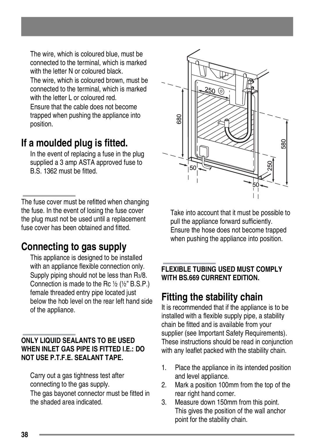 Zanussi ZKG5540 user manual If a moulded plug is fitted, Connecting to gas supply, Fitting the stability chain 