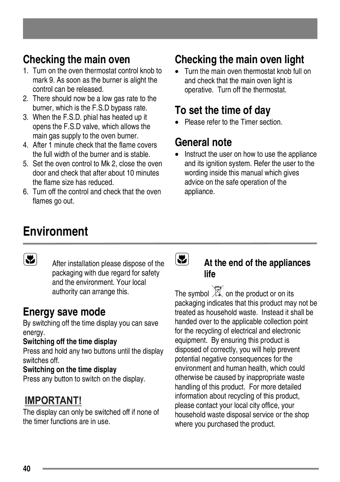 Zanussi ZKG5540 user manual Environment, Checking the main oven light, General note, Energy save mode 