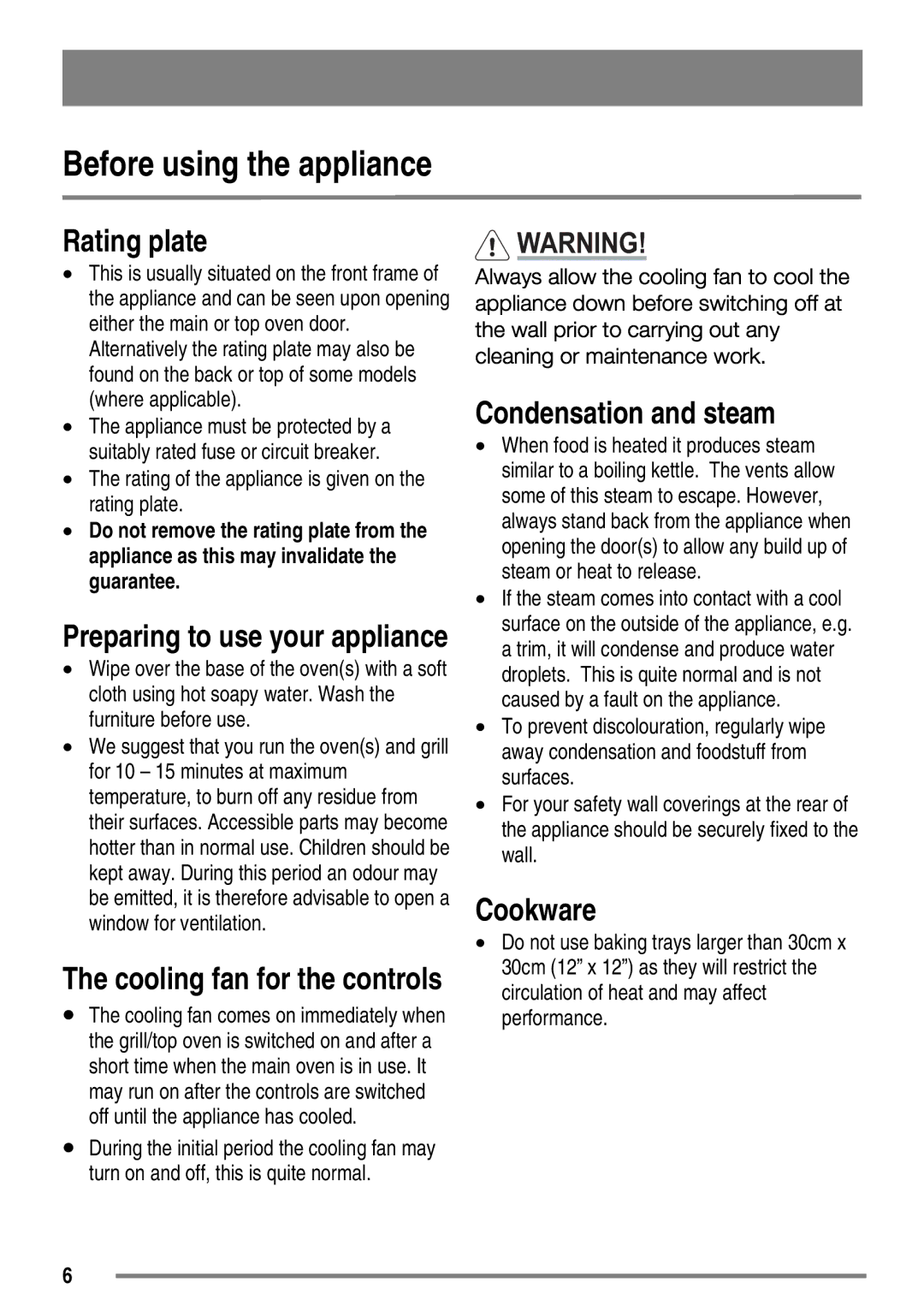 Zanussi ZKG5540 user manual Before using the appliance, Rating plate, Cookware, Preparing to use your appliance 