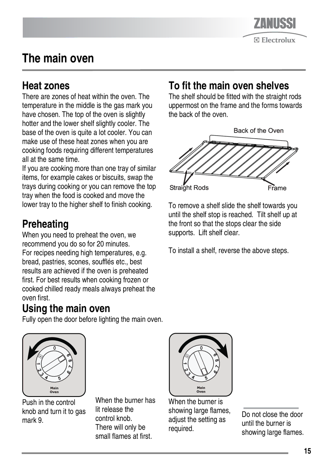 Zanussi ZKG6010 user manual Main oven, Heat zones, To fit the main oven shelves, Using the main oven 