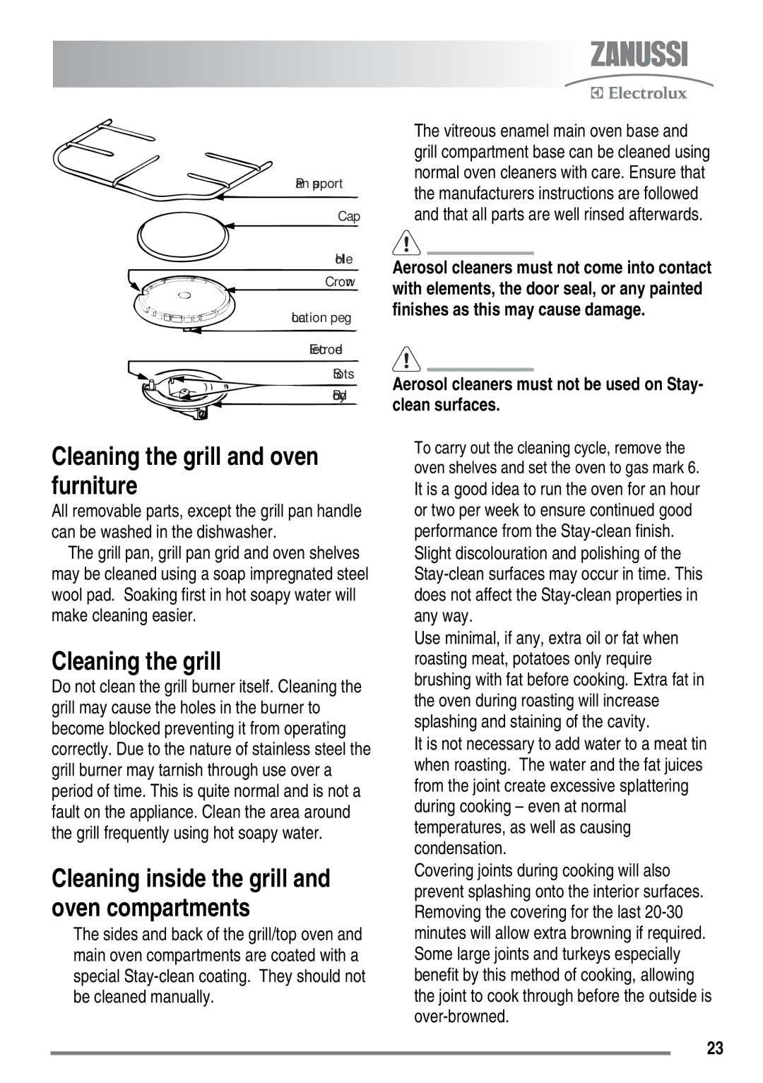 Zanussi ZKG6010 user manual Cleaning the grill and oven furniture 