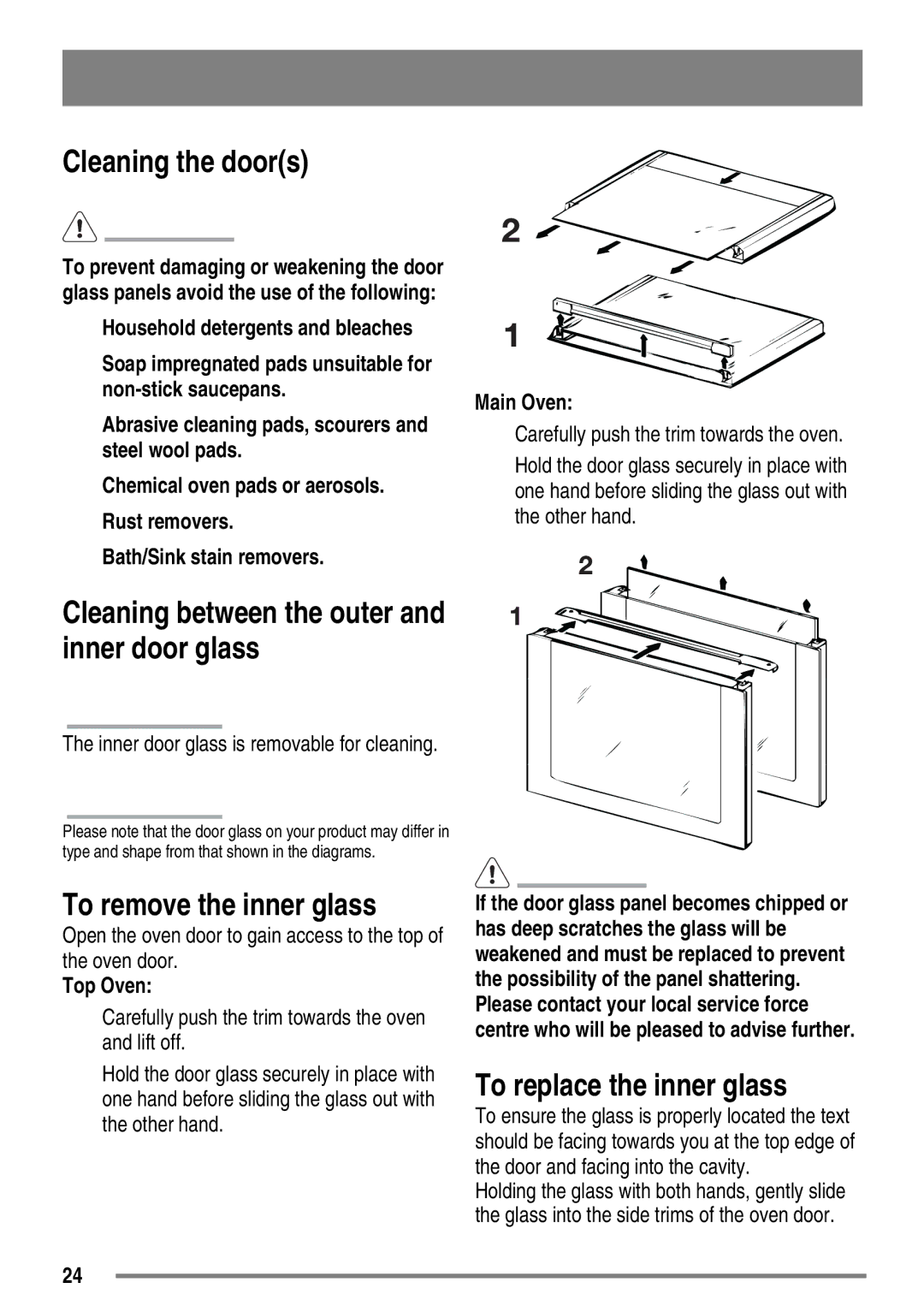 Zanussi ZKG6010 user manual Cleaning the doors, To remove the inner glass, To replace the inner glass 