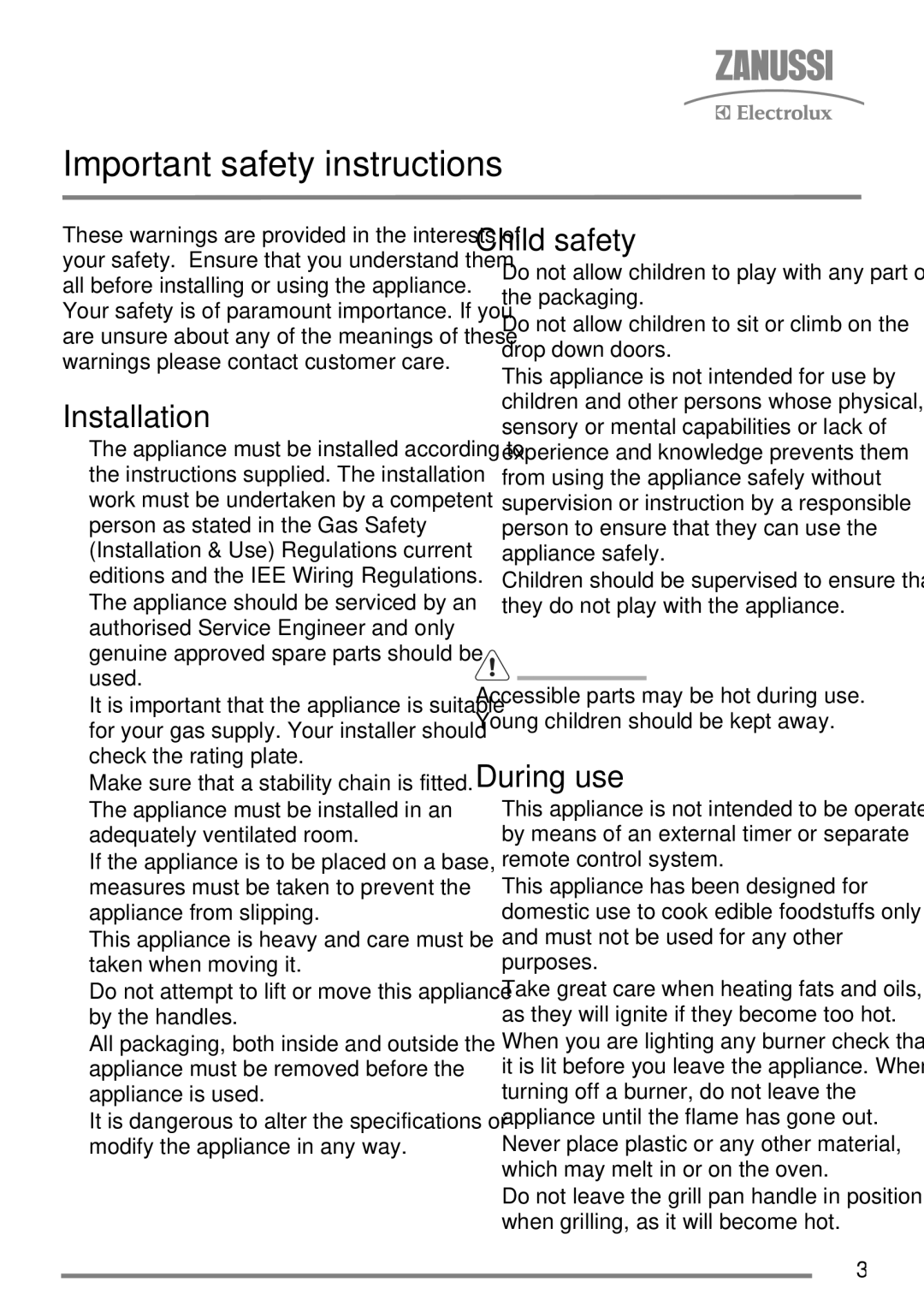 Zanussi ZKG6010 user manual Important safety instructions, Installation, Child safety, During use 