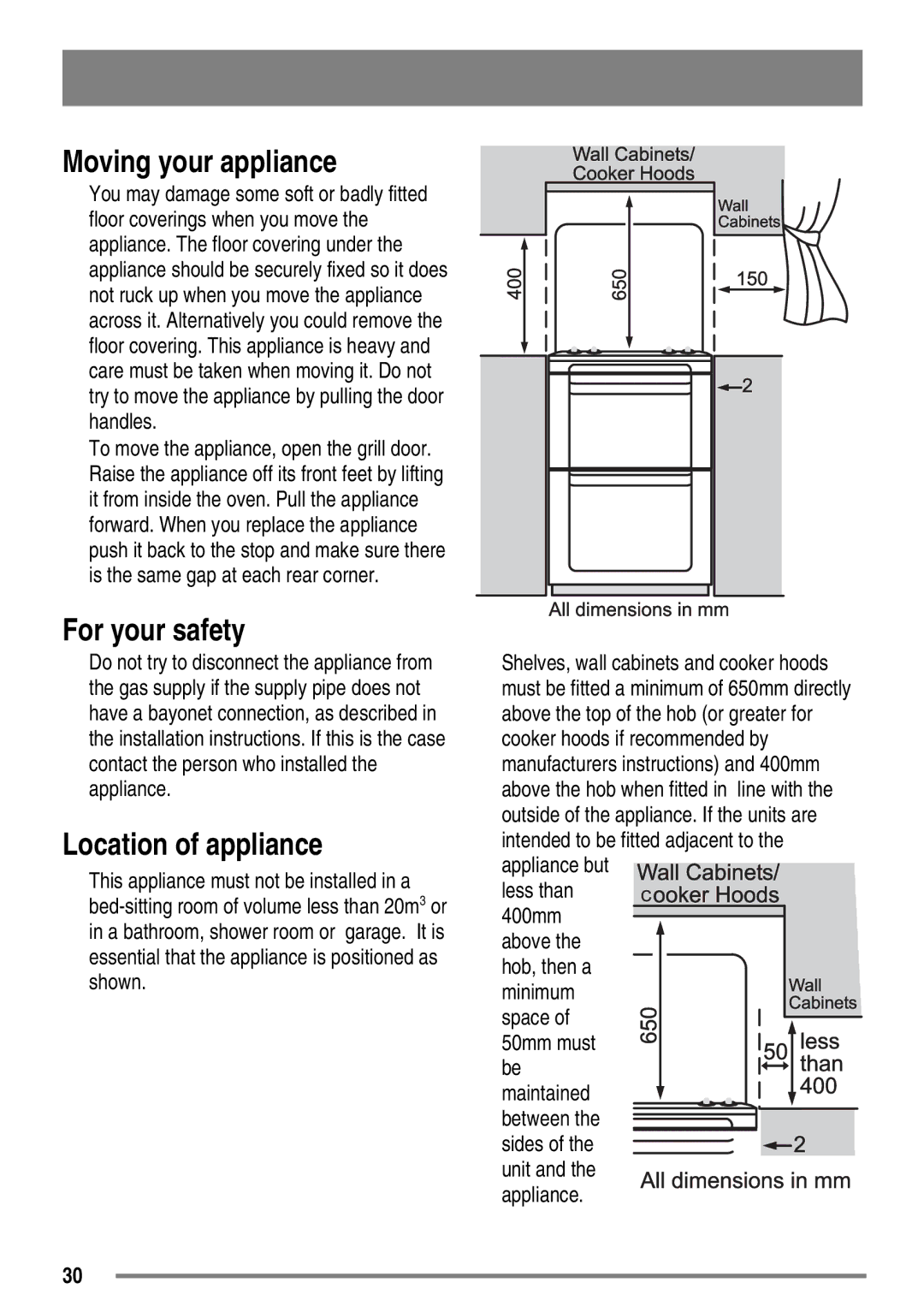 Zanussi ZKG6010 user manual Moving your appliance, For your safety, Location of appliance, Appliance 