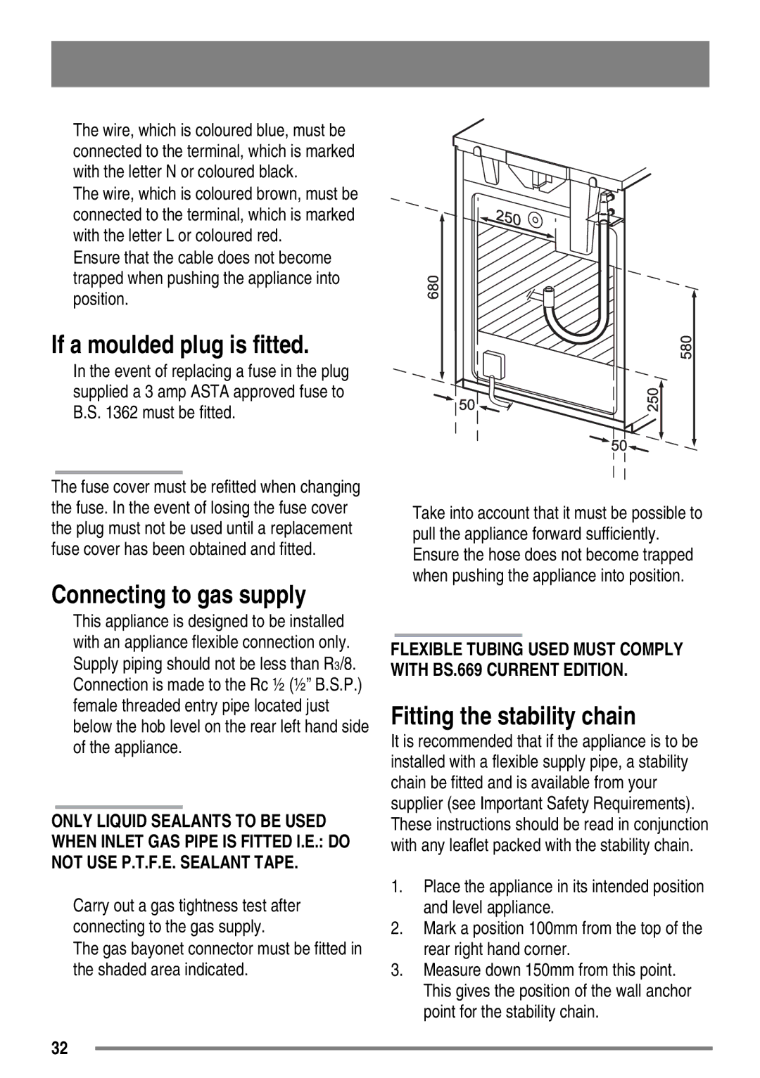 Zanussi ZKG6010 user manual If a moulded plug is fitted, Connecting to gas supply, Fitting the stability chain 