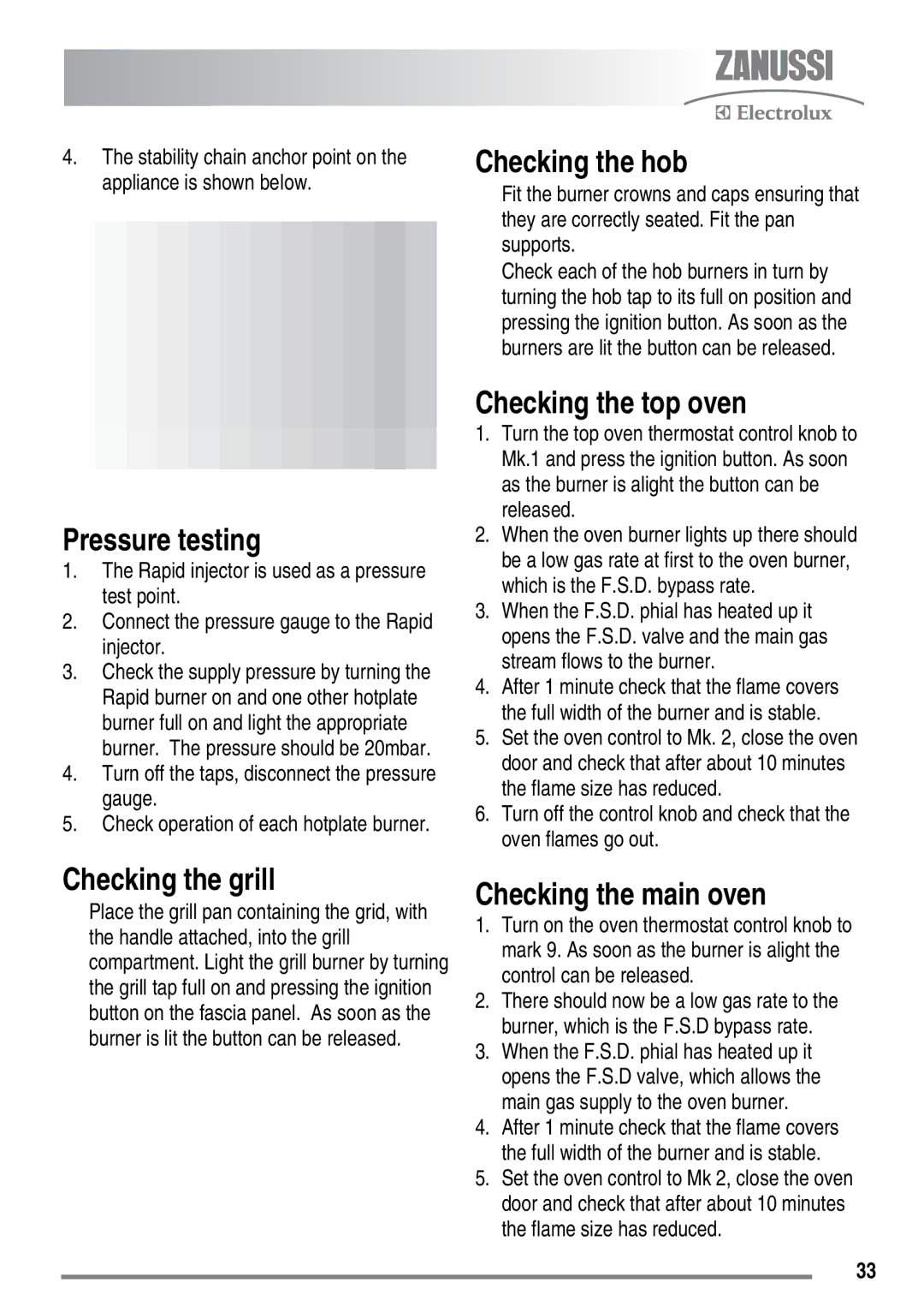 Zanussi ZKG6010 Pressure testing, Checking the hob, Checking the top oven, Checking the grill, Checking the main oven 