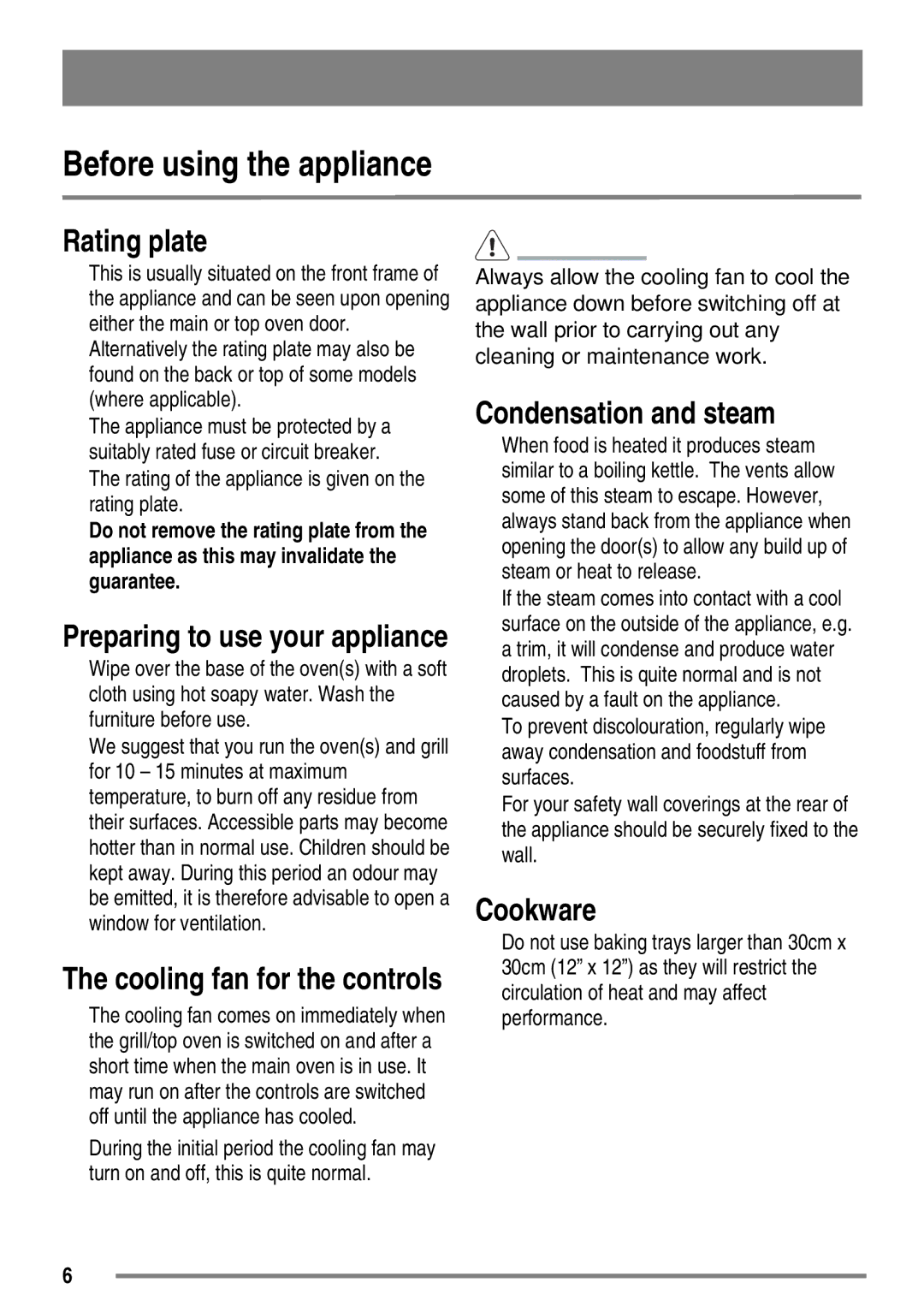 Zanussi ZKG6010 Before using the appliance, Rating plate, Cookware, Rating of the appliance is given on the rating plate 