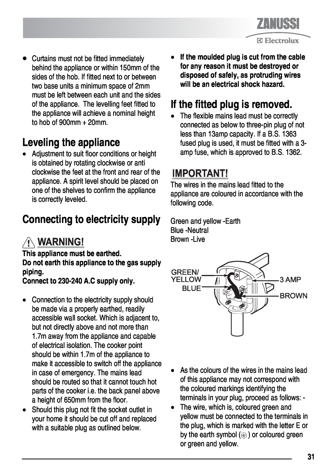 Zanussi ZKG6010 user manual Leveling the appliance, If the fitted plug is removed, Connecting to electricity supply 