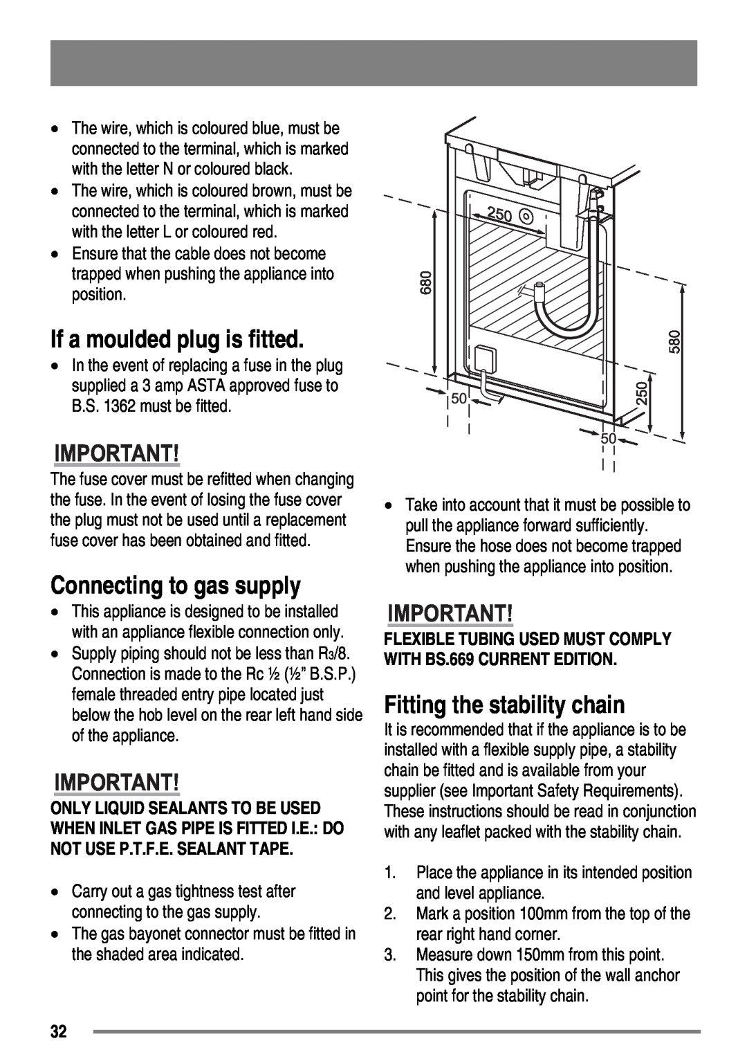 Zanussi ZKG6010 user manual If a moulded plug is fitted, Connecting to gas supply, Fitting the stability chain 