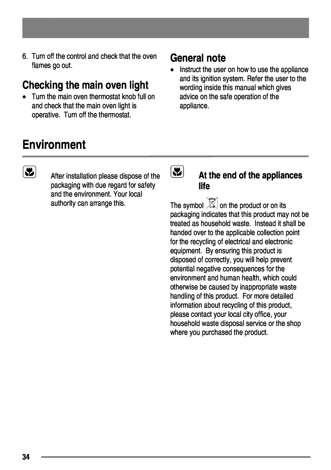 Zanussi ZKG6010 user manual Environment, General note, Checking the main oven light, At the end of the appliances life 