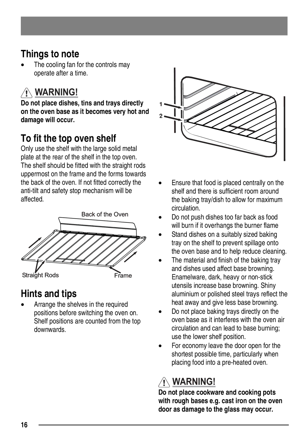 Zanussi ZKG6020 user manual Things to note, To fit the top oven shelf 