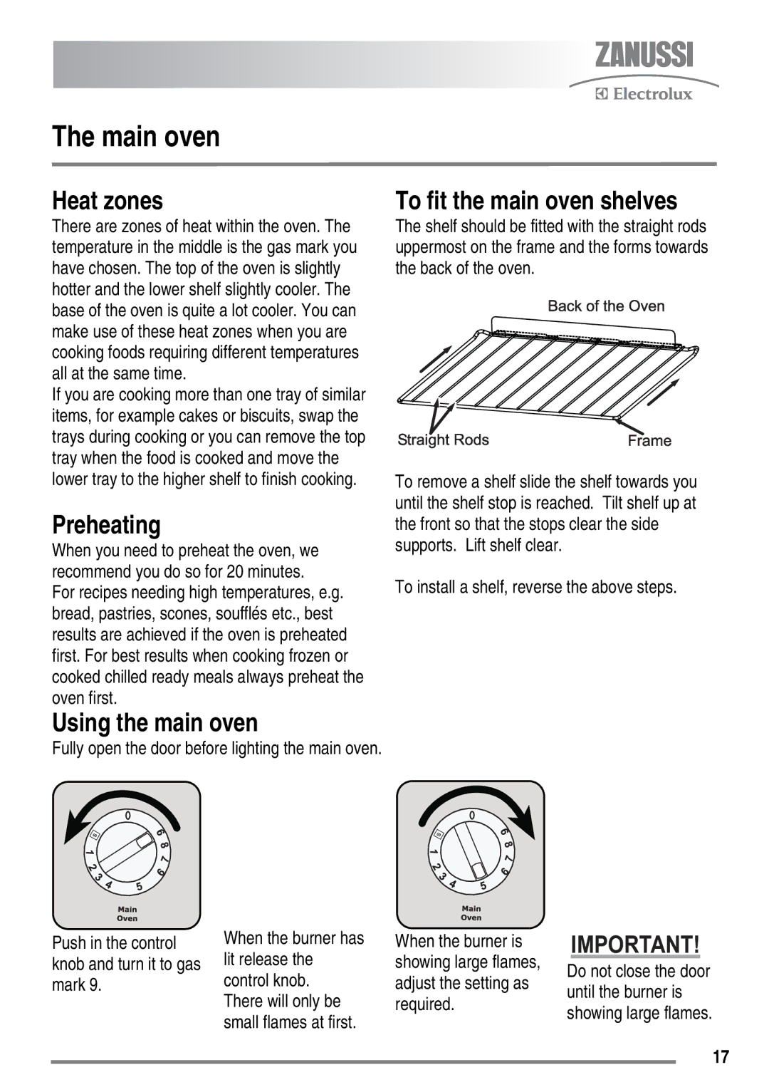 Zanussi ZKG6020 user manual Main oven, Heat zones, To fit the main oven shelves, Using the main oven 