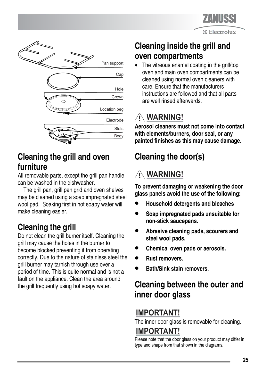 Zanussi ZKG6020 Cleaning the grill and oven furniture, Cleaning the doors, Inner door glass is removable for cleaning 