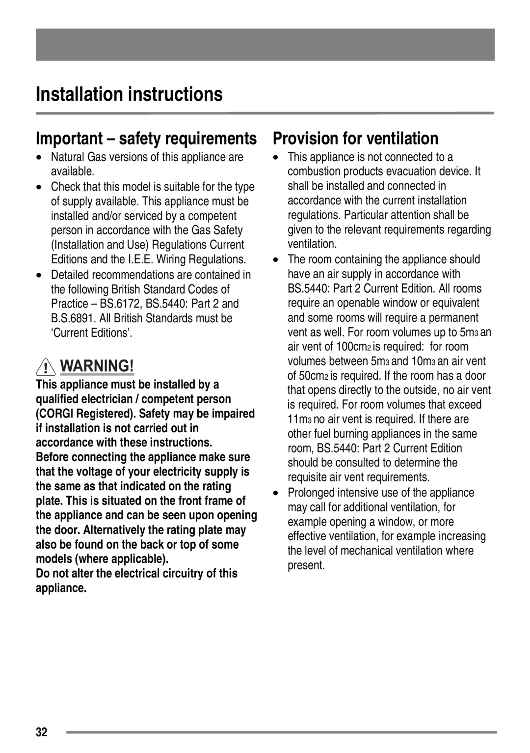 Zanussi ZKG6020 Installation instructions, Provision for ventilation, Natural Gas versions of this appliance are available 