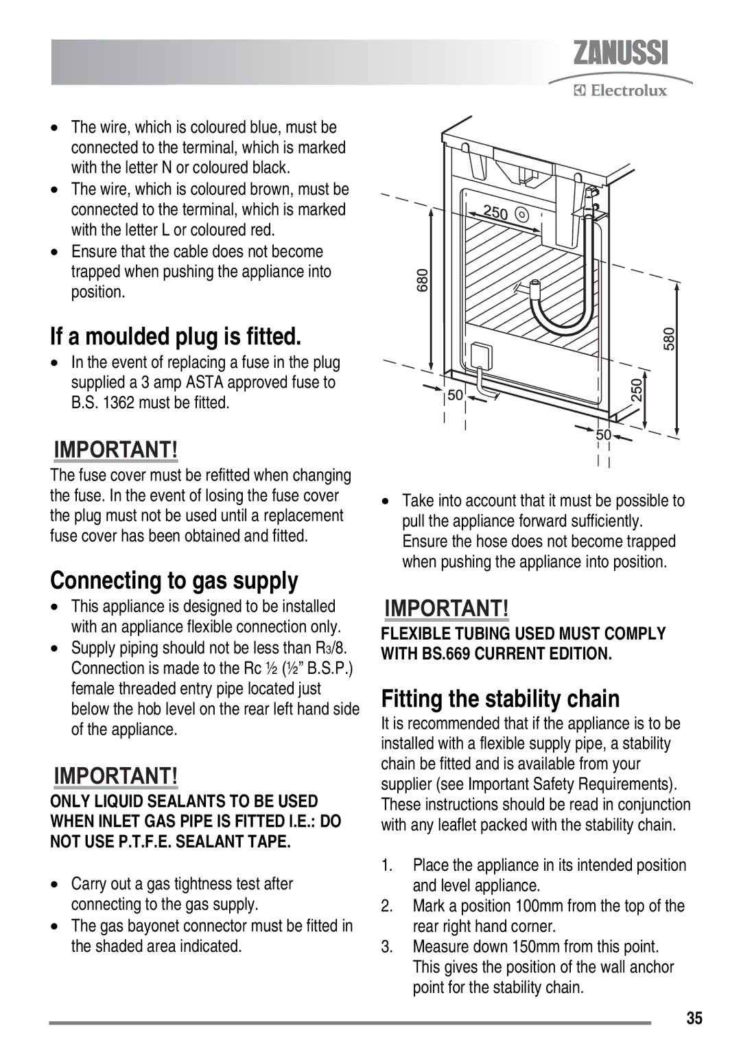 Zanussi ZKG6020 user manual If a moulded plug is fitted, Connecting to gas supply, Fitting the stability chain 