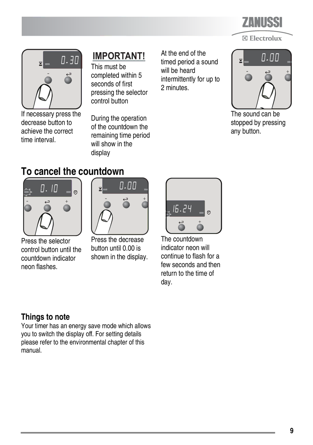 Zanussi ZKG6020 user manual To cancel the countdown, Press the selector, Countdown indicator 