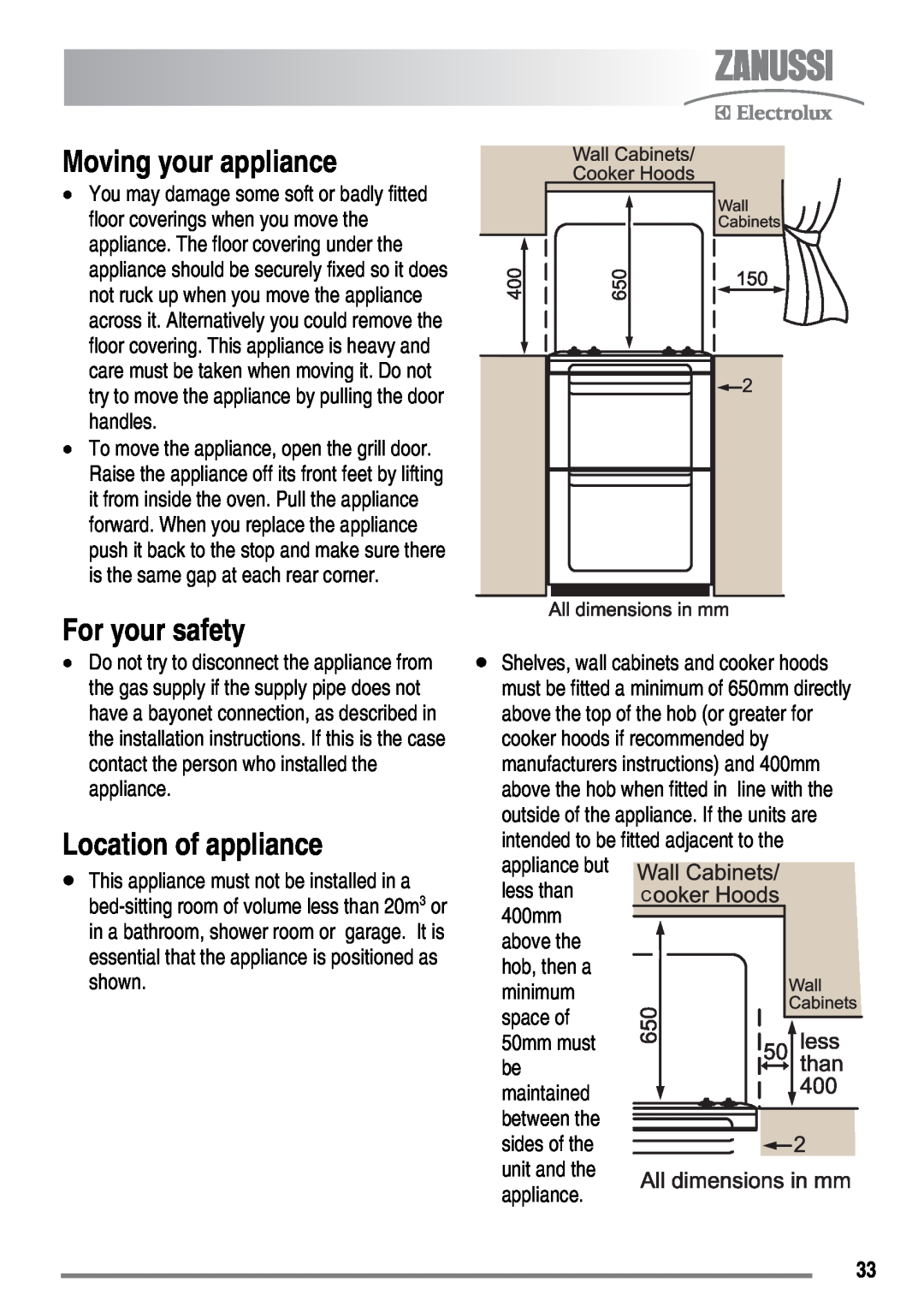 Zanussi ZKG6020 user manual Moving your appliance, For your safety, Location of appliance, above the 