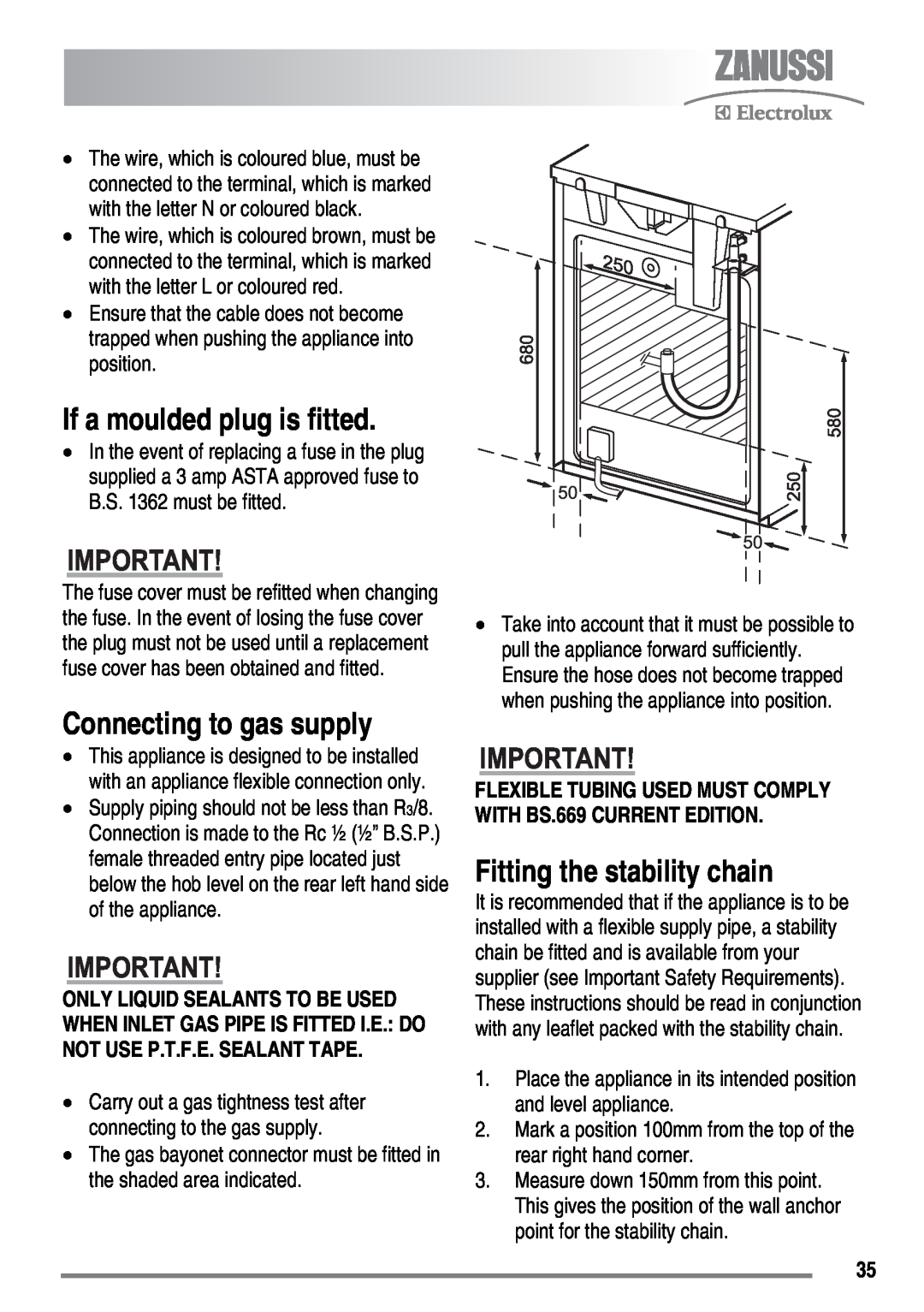 Zanussi ZKG6020 user manual If a moulded plug is fitted, Connecting to gas supply, Fitting the stability chain 