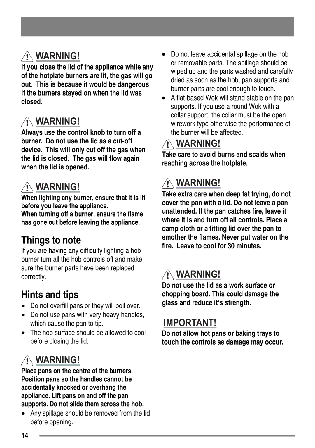 Zanussi ZKG6040 user manual Things to note, Hints and tips, Do not overfill pans or they will boil over 