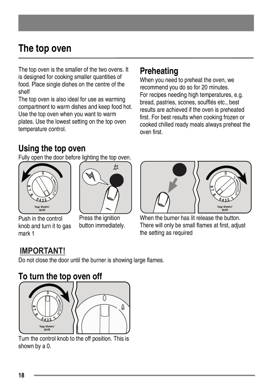 Zanussi ZKG6040 user manual Top oven, Preheating, Using the top oven, To turn the top oven off 