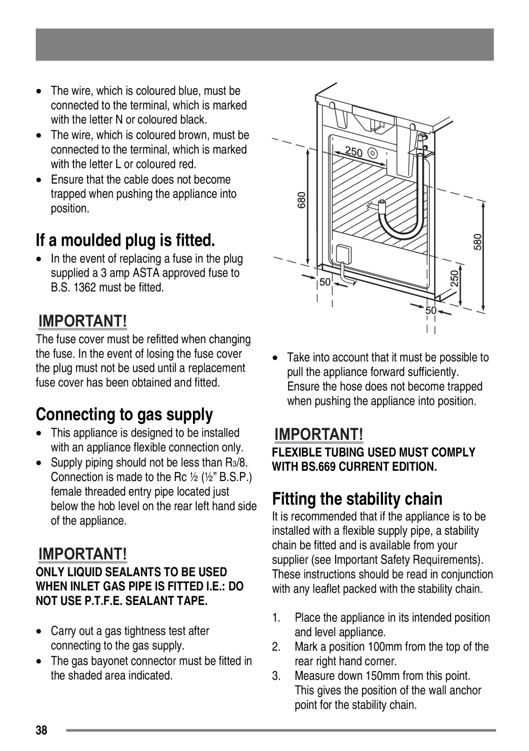 Zanussi ZKG6040 user manual If a moulded plug is fitted, Connecting to gas supply, Fitting the stability chain 