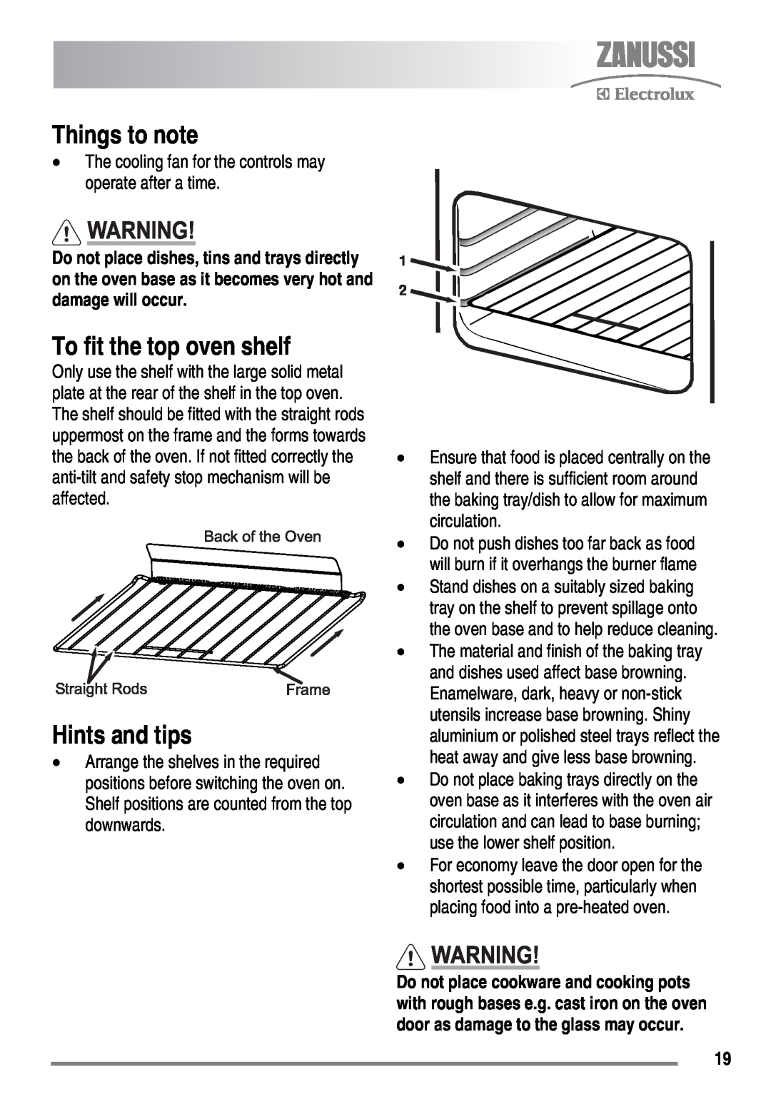 Zanussi ZKG6040 user manual To fit the top oven shelf, Things to note, Hints and tips 