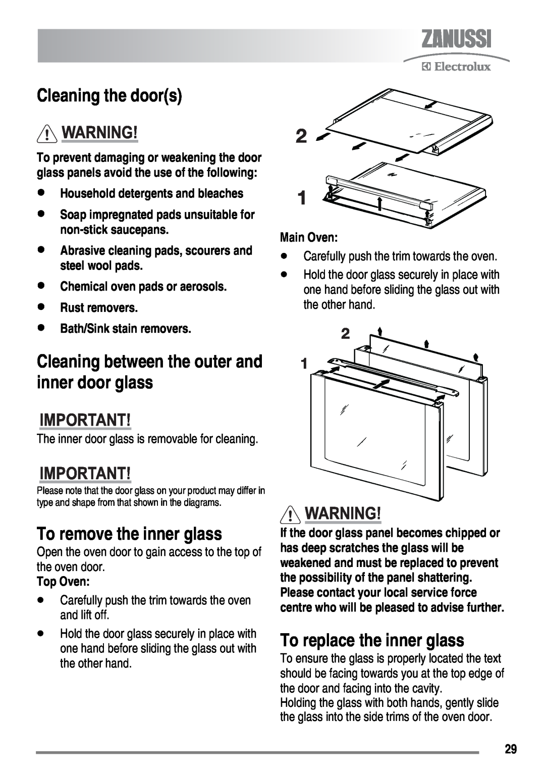 Zanussi ZKG6040 user manual Cleaning the doors, To remove the inner glass, To replace the inner glass, Top Oven, Main Oven 