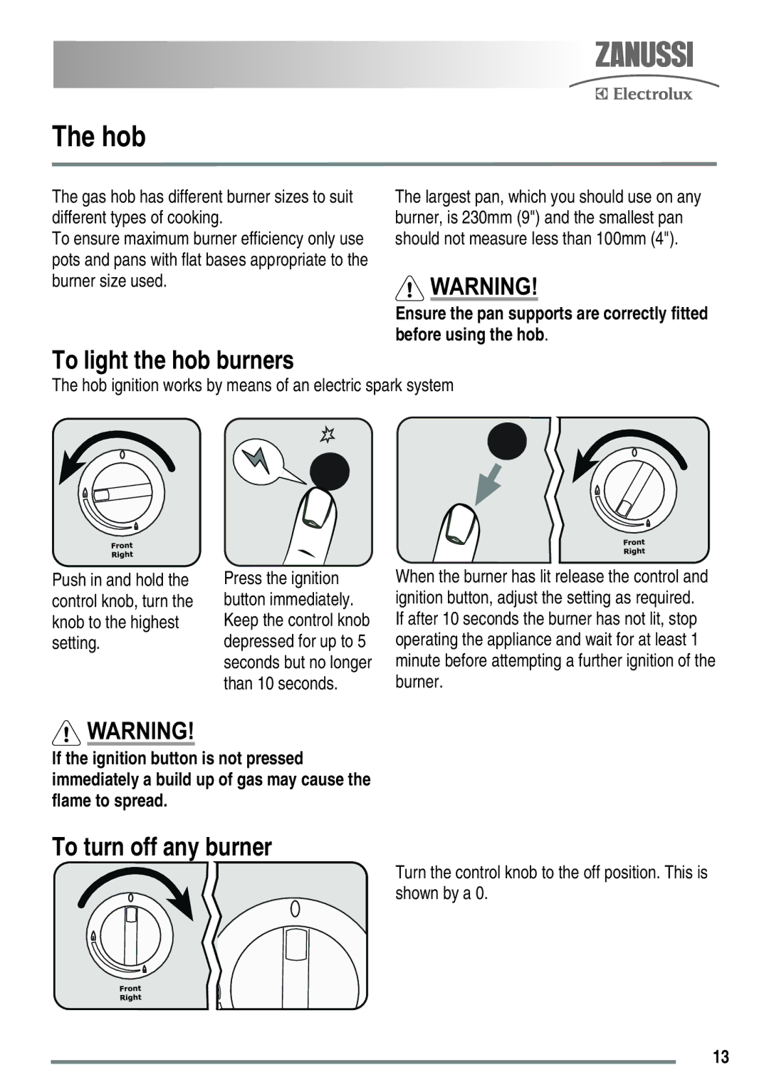 Zanussi ZKG6040ZKG6040WFN user manual Hob, To light the hob burners, To turn off any burner 