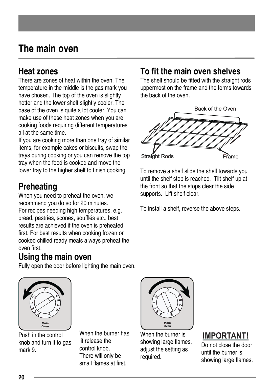 Zanussi ZKG6040ZKG6040WFN user manual Main oven, Heat zones, To fit the main oven shelves, Using the main oven 