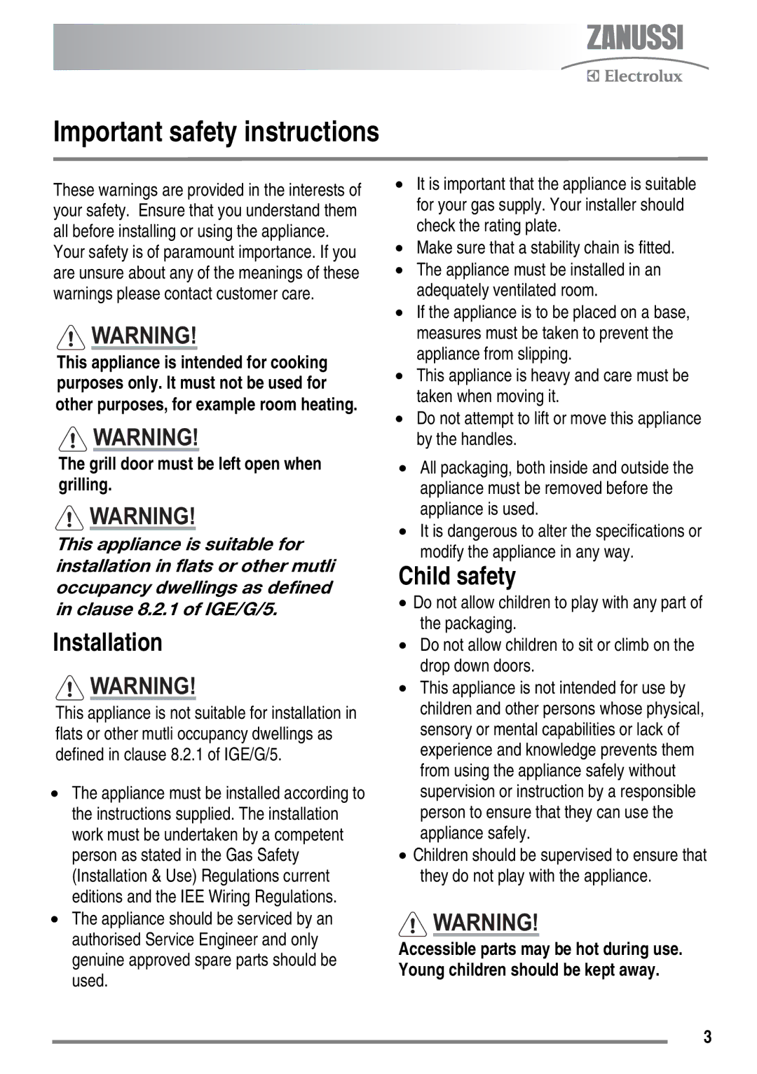 Zanussi ZKG6040ZKG6040WFN Important safety instructions, Child safety, Grill door must be left open when grilling 