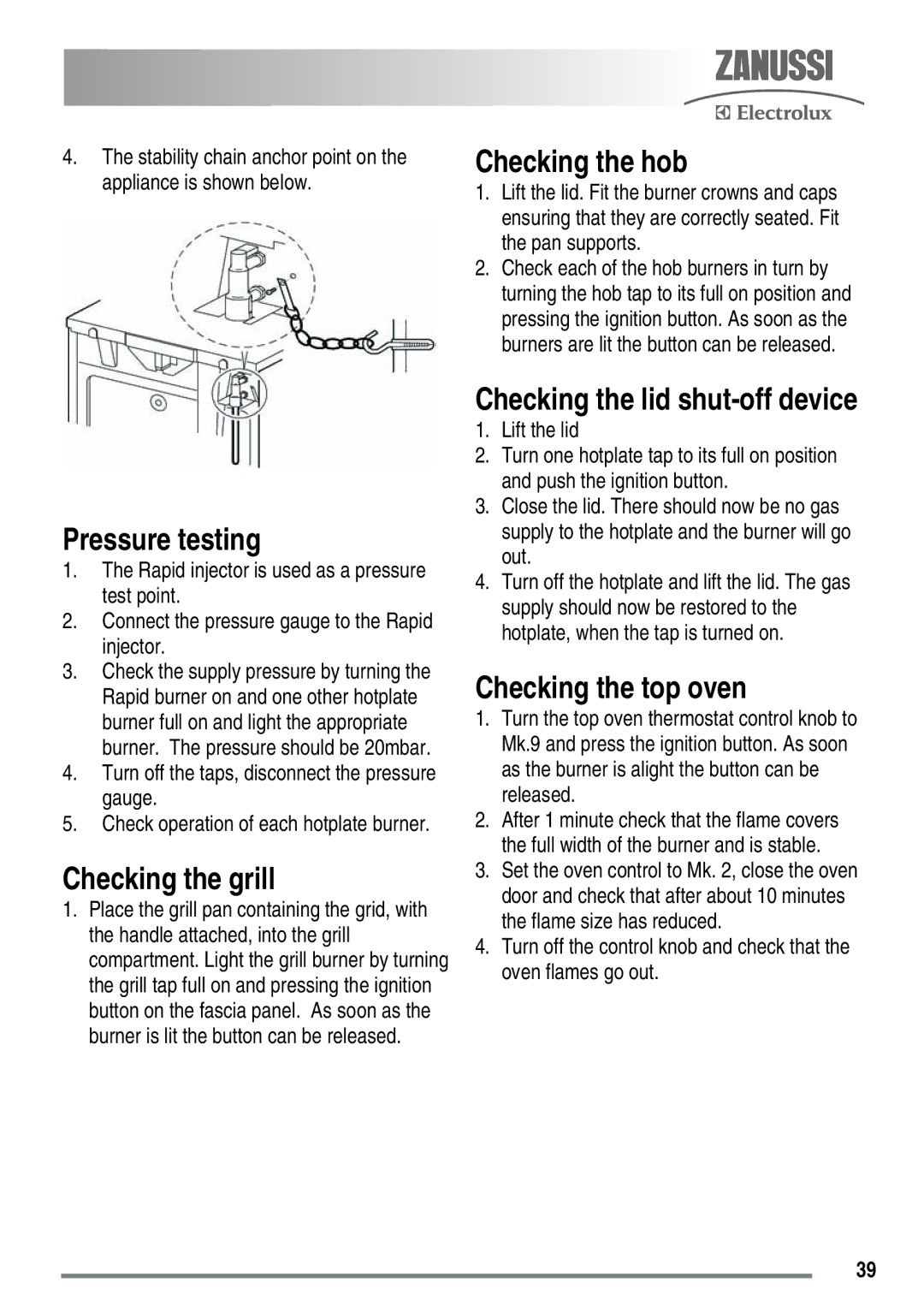 Zanussi ZKG6040ZKG6040WFN user manual Pressure testing, Checking the grill, Checking the hob, Checking the top oven 