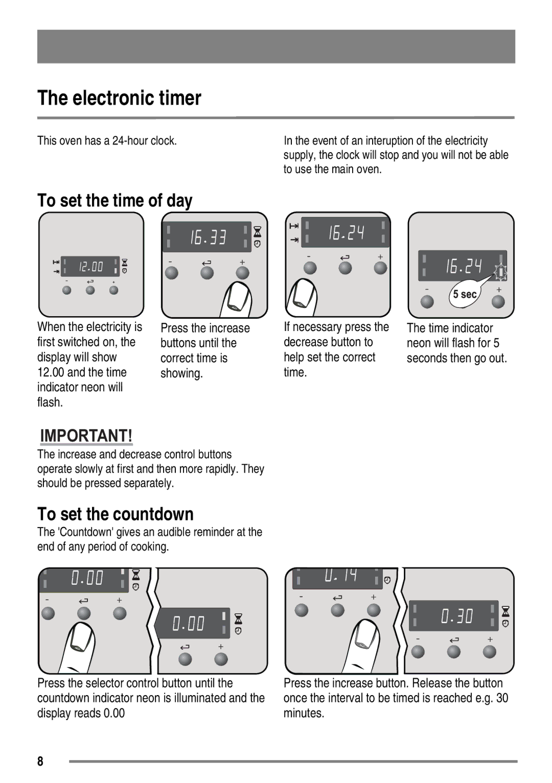 Zanussi ZKG6040ZKG6040WFN user manual Electronic timer, To set the time of day, To set the countdown 