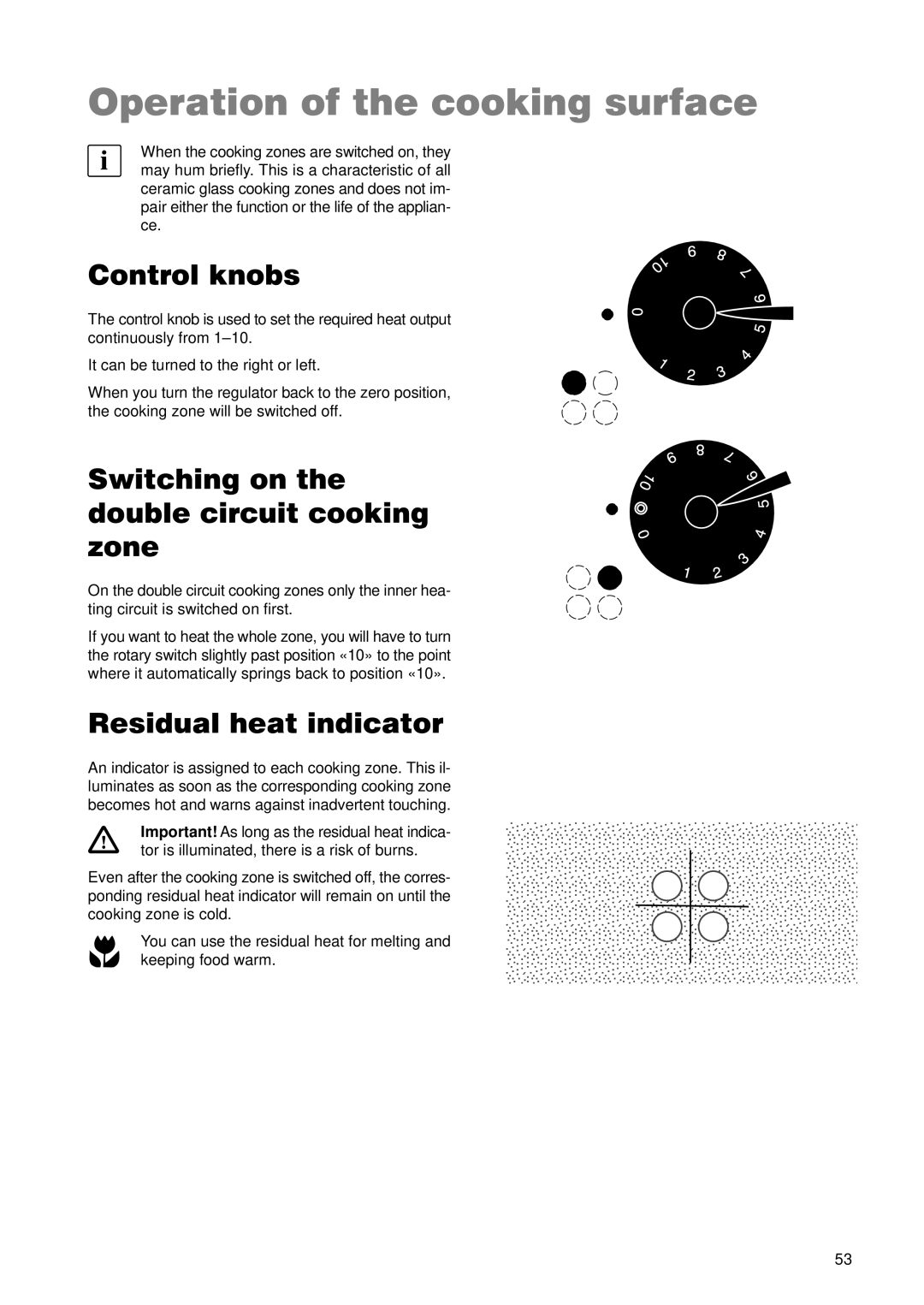 Zanussi ZKL 850 LX manual Operation of the cooking surface, Control knobs, Switching on the double circuit cooking zone 