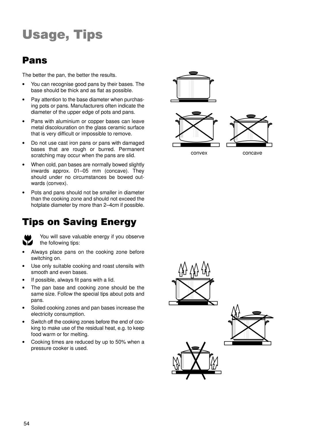 Zanussi ZKL 850 LX manual Usage, Tips, Pans, Tips on Saving Energy 