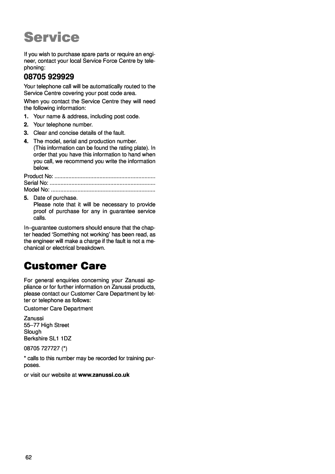 Zanussi ZKL 850 LX manual Service, Customer Care, 08705 
