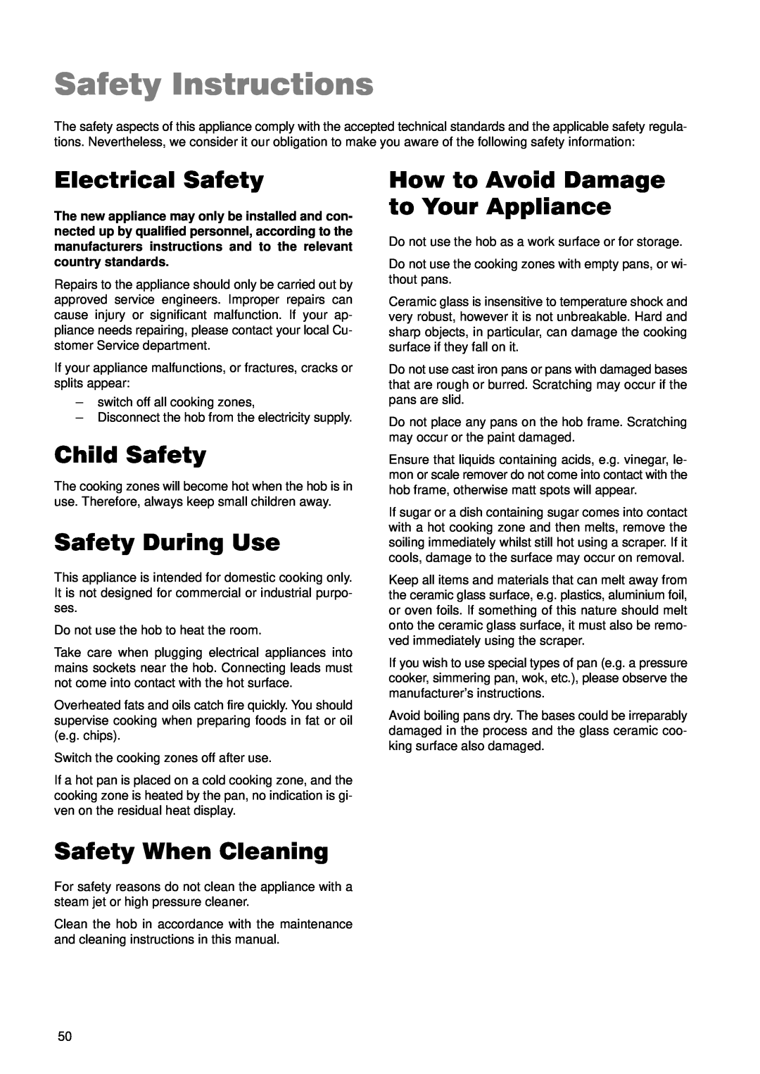 Zanussi ZKL 850 LX manual Safety Instructions, Electrical Safety, How to Avoid Damage to Your Appliance, Child Safety 