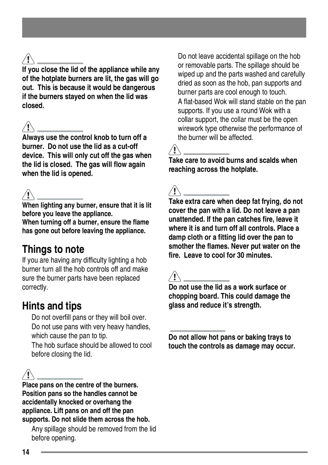 Zanussi ZKM6040 user manual Things to note, Hints and tips, Do not overfill pans or they will boil over 