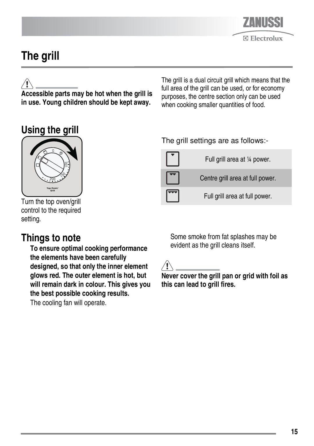 Zanussi ZKM6040 user manual Grill, Using the grill 