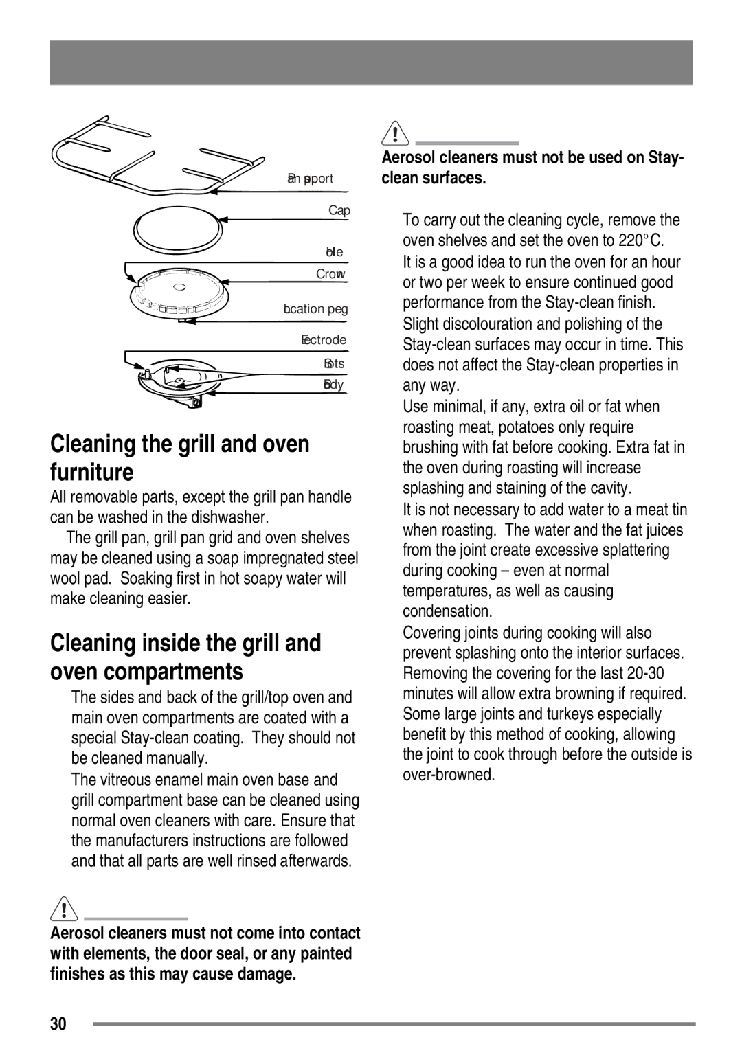 Zanussi ZKM6040 user manual Cleaning the grill and oven furniture, Cleaning inside the grill and oven compartments 