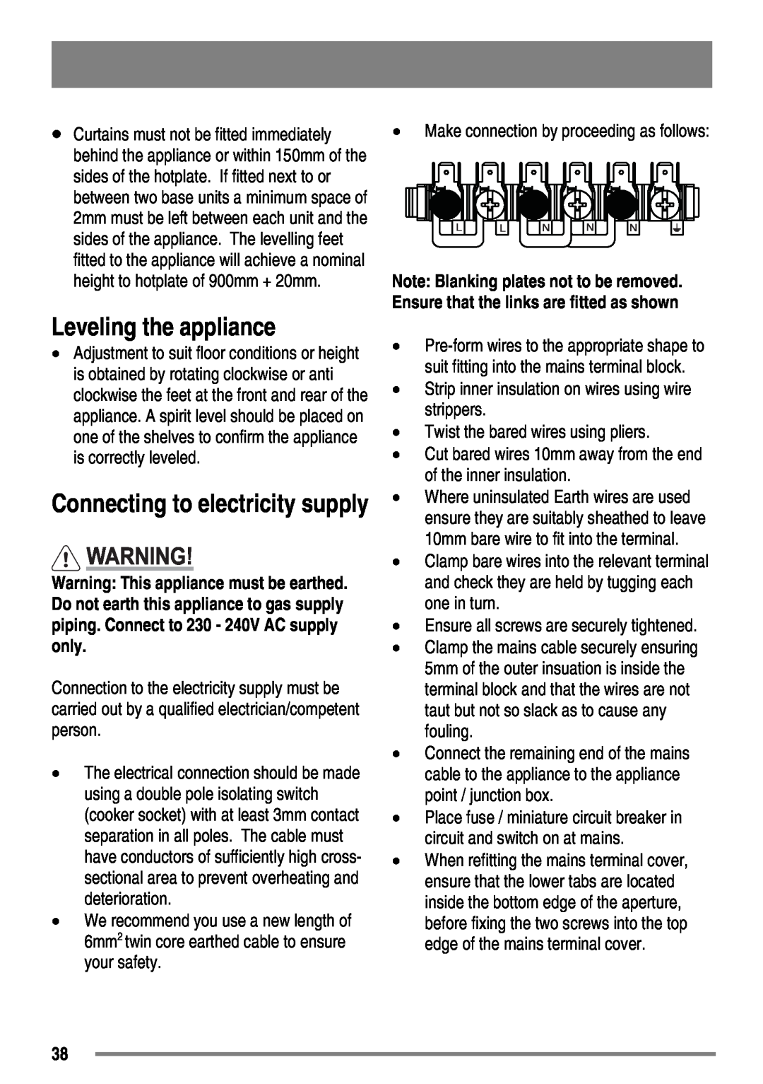 Zanussi ZKM6040 user manual Leveling the appliance, Connecting to electricity supply 
