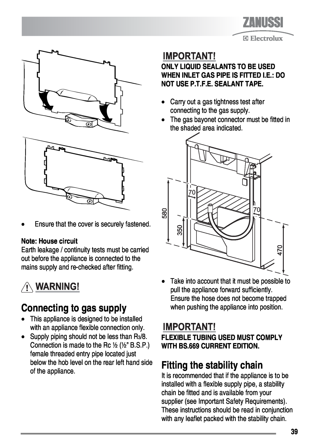 Zanussi ZKM6040 user manual Connecting to gas supply, Fitting the stability chain, Note House circuit 
