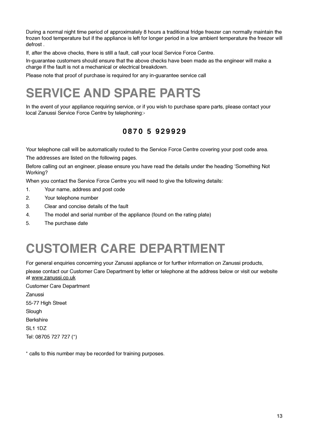 Zanussi ZKR 59/39 RN manual Service and Spare Parts, Customer Care Department, 7 0 5 9 2 9 9 2 