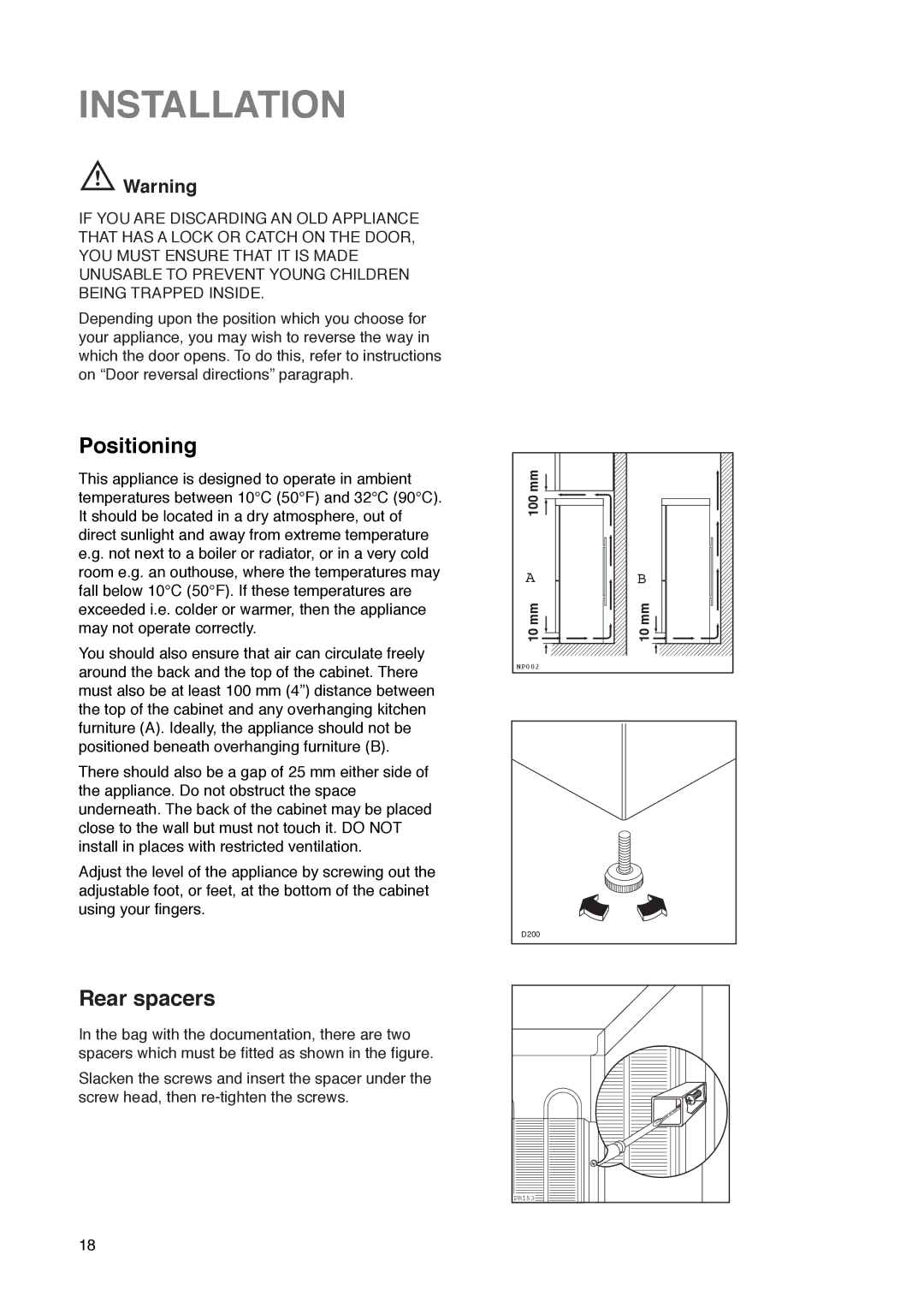 Zanussi ZKR 59/39 RN manual Installation, Positioning, Rear spacers 