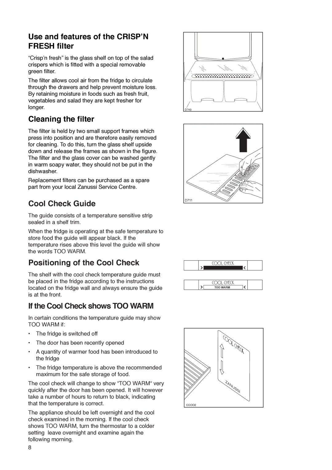 Zanussi ZKR 59/39 RN manual Use and features of the Crispõn Fresh filter, Cleaning the filter, Cool Check Guide 