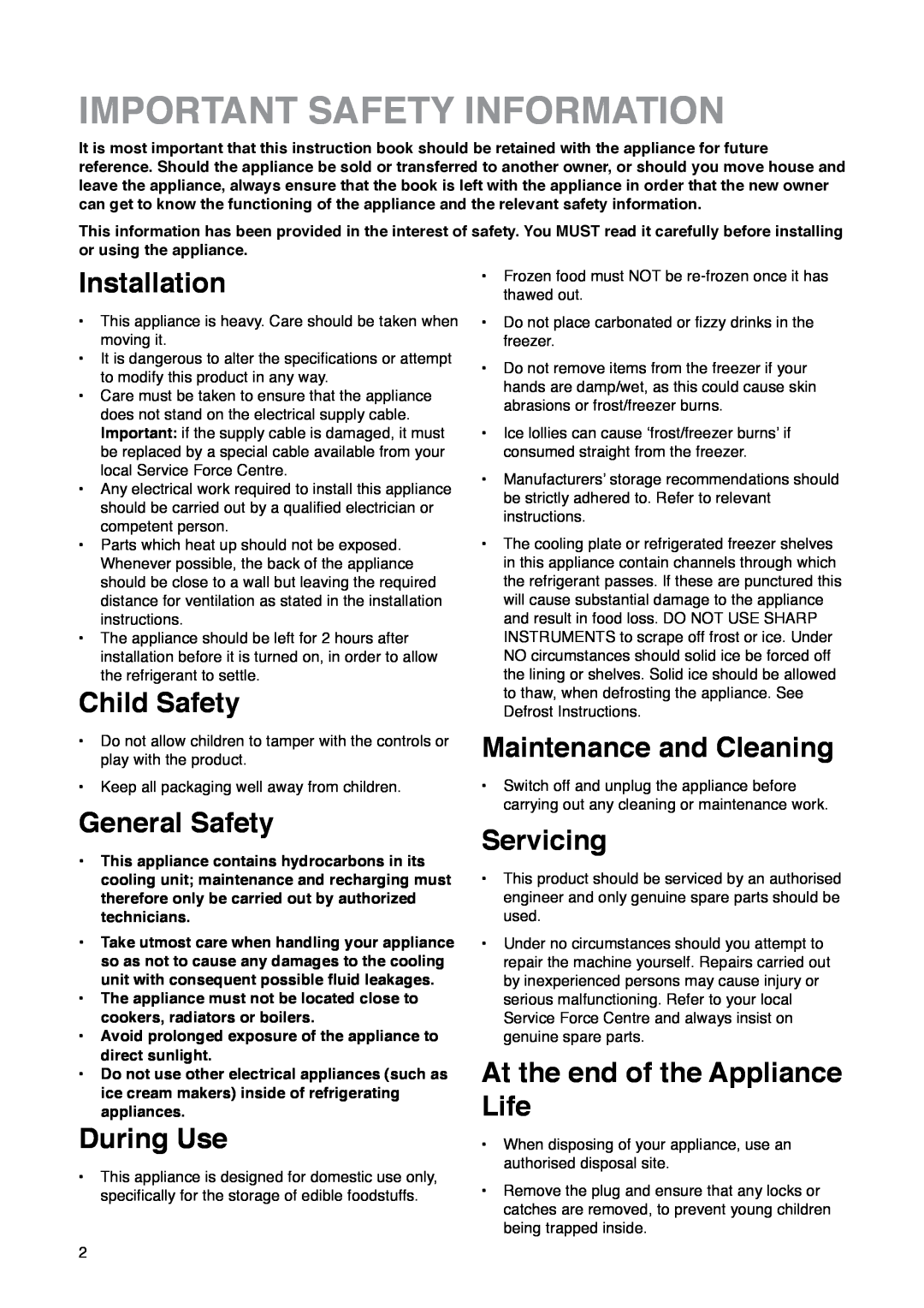 Zanussi ZKR 59/39 RN manual Important Safety Information, Installation, Child Safety, General Safety, During Use, Servicing 