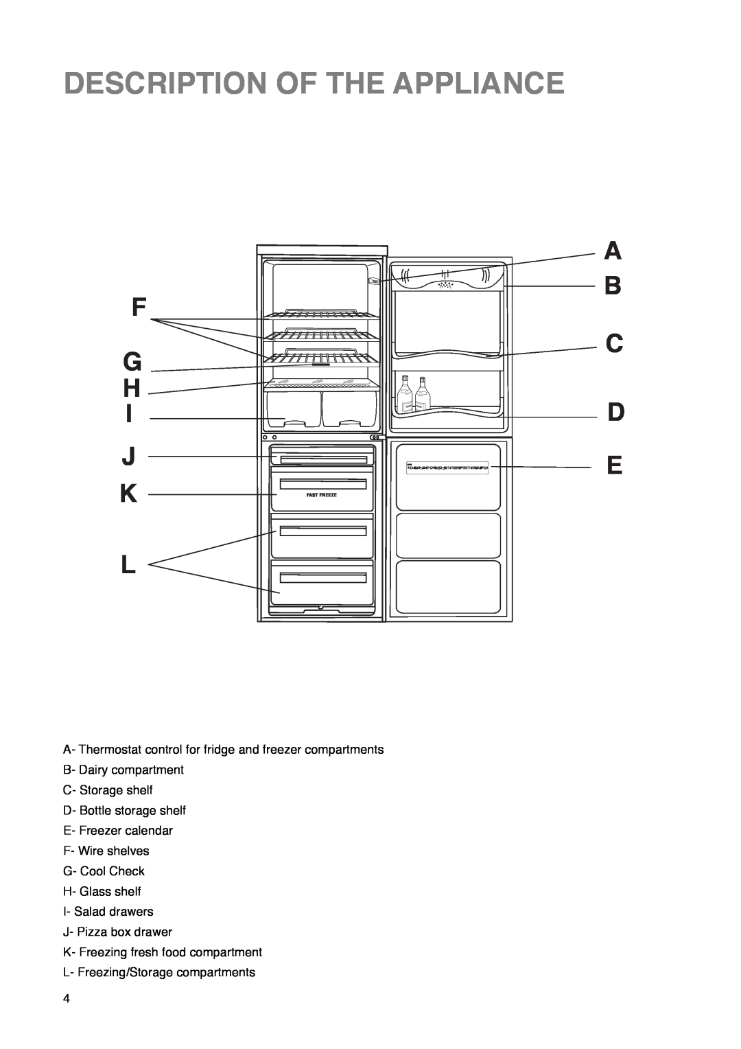 Zanussi ZKR 59/39 RN manual Description Of The Appliance, F G H I J, A B C D E 