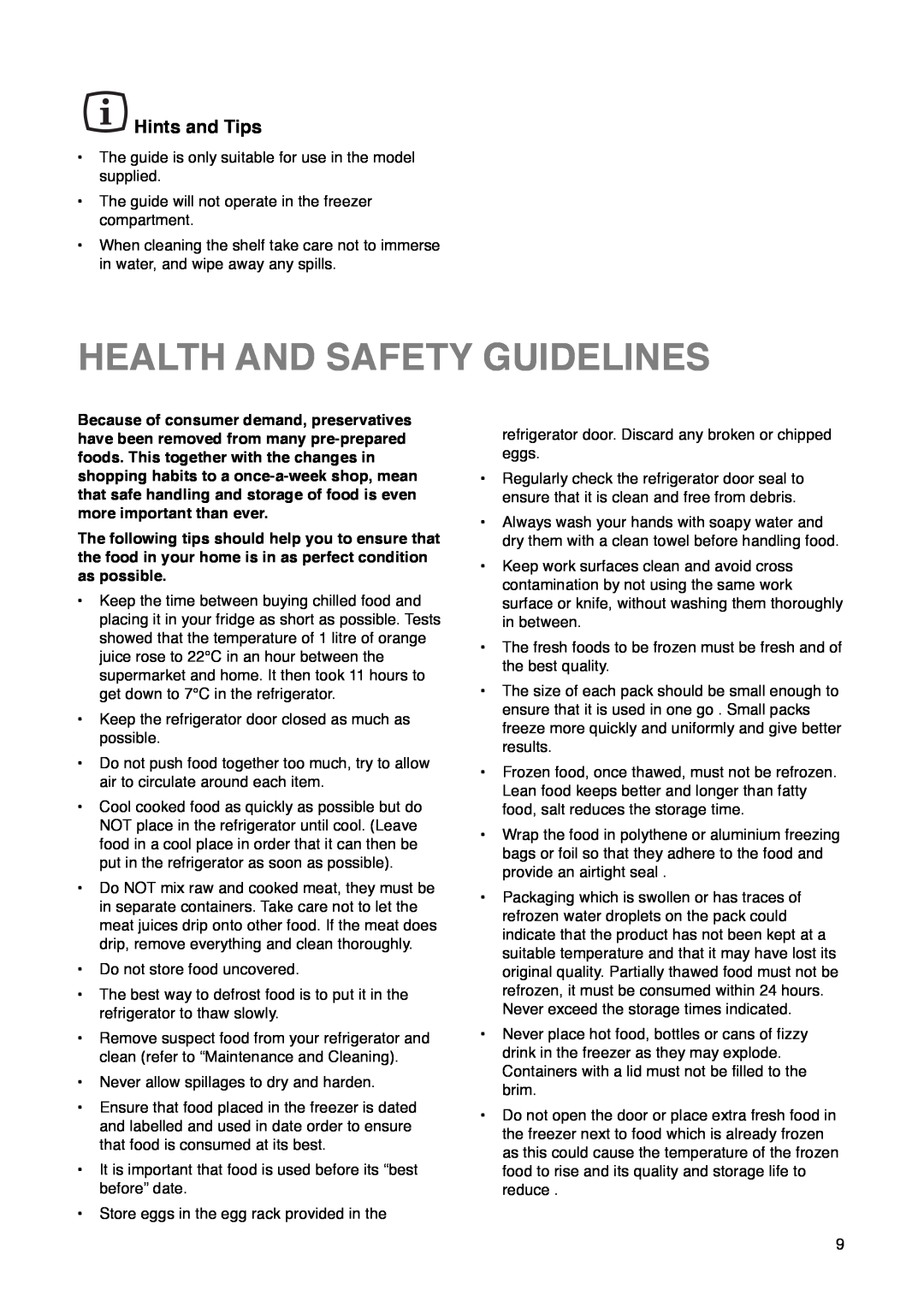 Zanussi ZKR 59/39 RN manual Health And Safety Guidelines, Hints and Tips 