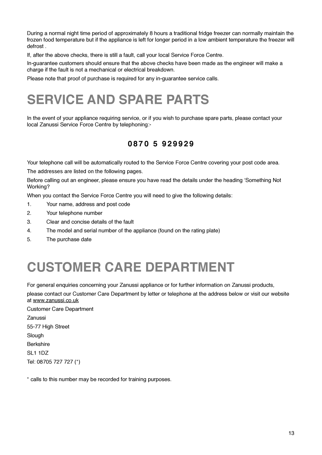 Zanussi ZKR 60/30 R manual Service and Spare Parts, Customer Care Department, 7 0 5 9 2 9 9 2 