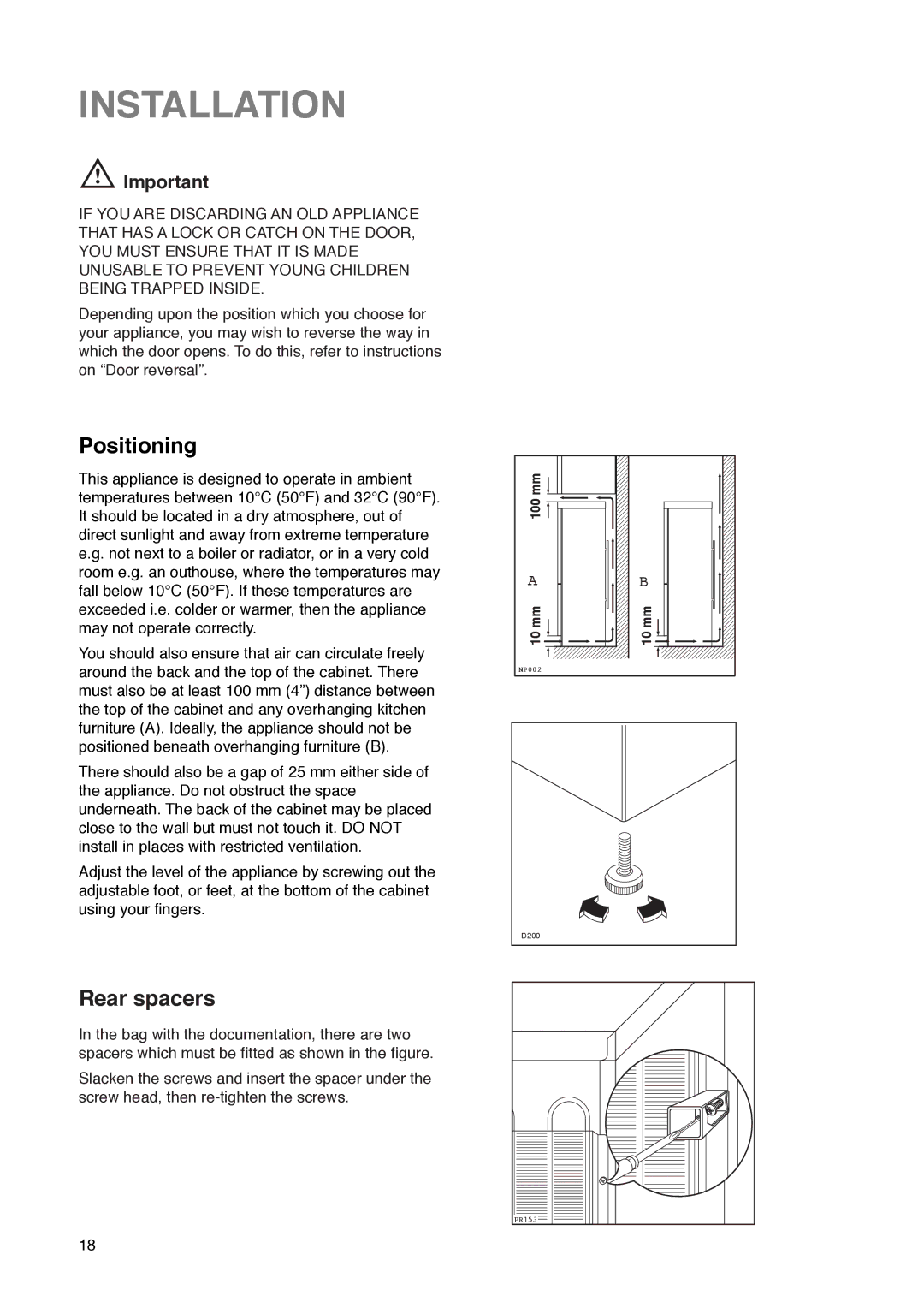 Zanussi ZKR 60/30 R manual Installation, Positioning, Rear spacers 